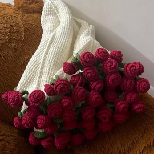 Rose Bouquet Blanket Material Kit, Crochet Flower Bouquet Blanket Handmade, Finished or Material Package, Sunflower Knitted Sofa Blankets, For Mother's Day Birthday Home Decor(Red,Material Package)