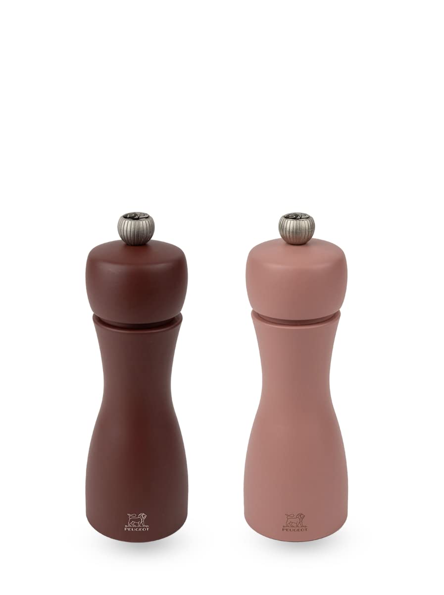Peugeot - Tahiti Air Duo Pepper Mill + Salt Mill 15cm - Includes Black Pepper and Rock Salt - Classic Adjustment - PEFC Certified Wood - Made in France - Cocoa Brown and Hazelnut