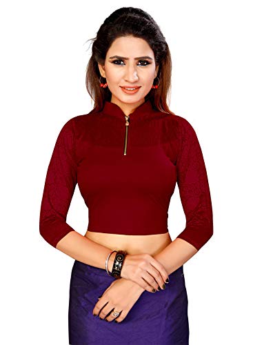 Women's Band collar Cotton Lycra And Net Readymade Stretchable Blouse (D50_CLB_Multi-Coloured_Free Size)