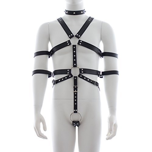 MyCHIC Men's Adjustable PU Leather Full Body Chest Harness with Collar and Armbands