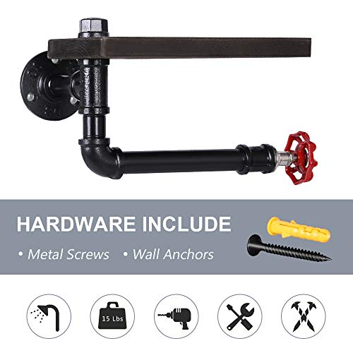 JS NOVA JUNS Paper Tower Holder Wall Mount, Industrial Toilet Paper Holder with Wood Shelf, Wrought Iron Pipe Tissue Holder for Bathroom, Washroom, Black
