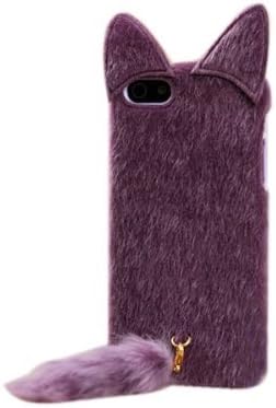 DE New Fashion Cartoon Animal Series Purple With Fluffy Plush Tail Fur Ear Cat Style Plush + TPU Soft Case Cover Shell Compatible for Apple iPhone 4 4G 4S
