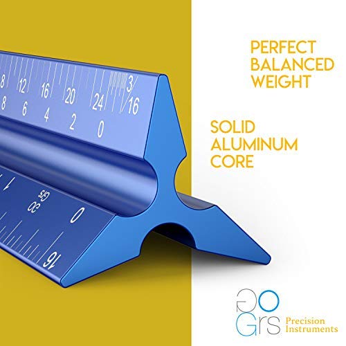 Architectural Scale Ruler, Metal Ruler of Solid Aluminum, Great Drafting Tools with Architect Scale, Laser-Etched Ruler 12 inch Triangle for Blueprint (Imperial)