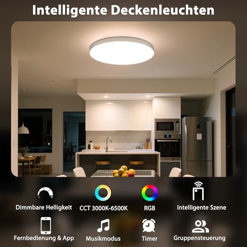 LED Ceiling Light Dimmable 24 W Diameter 30 cm - Ceiling Light RGB & CCT 3000 K - 6500 K - Compatible with App Control, Remote Control, Timer, IP54 Waterproof, Night Light, Ideal for Bedroom, Living Room, Kitchen