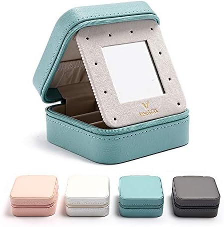 Vee アクセサリーケース 携帯用 ジュエリーボックス アクセサリー 収納 ピアス 収納 ネックレス 指輪置き ミラー付き 贈り物 可愛い ブルー