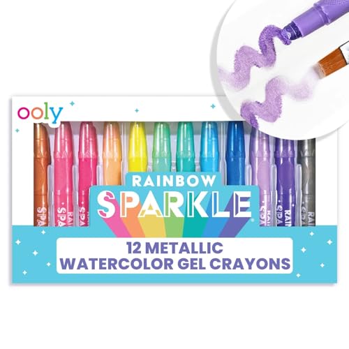 Ooly Rainbow Sparkle Metallic Watercolor Gel Crayons, Set of 12, Glitter Gel Markers for Kids and Toddlers, Colorful Twistable Crayons for Drawing - Metallic