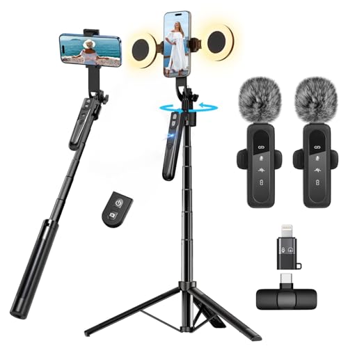 Content Creator Kit per vlogging per iPhone/Android, Automatico Volto Rilevamento Treppiede per iPhone da 180cm, Bastone Selfie con luce e microfoni wireless, TikTok/YouTube Starter Kit