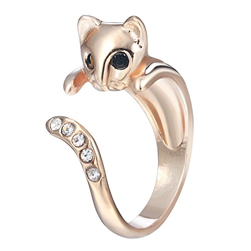 Chengxun Rose Gold Stackable Ring Cute Long Tail Cat Rings Rhinestone Setting for Women Girls