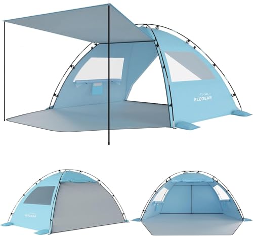 Elegear Beach Tent for 6-8 People, Camping Tent UV Protection UPF 50+ Portable Canopy with Carry Bag Family Beach Shelter for Varar Park Camping Fishing, 260 x 165 x 150 cm, Blue