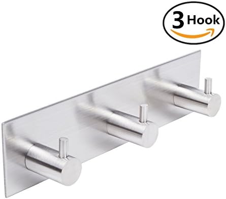Adhesive Hook FUNJIA Reusable Heavy Duty Wall Hooks for Towel Loofah Bathrobe Clothes,Waterproof and Oilproof,Bathroom Kitchen Wall hook &amp; Hanger, Brushed Finish (3-Hook)