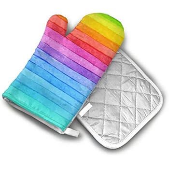 MEILVWEN Rainbow Stripes Oven Mitt and Pot Holder Set,Heat Resistant for Cooking and Baking Kitchen Gift