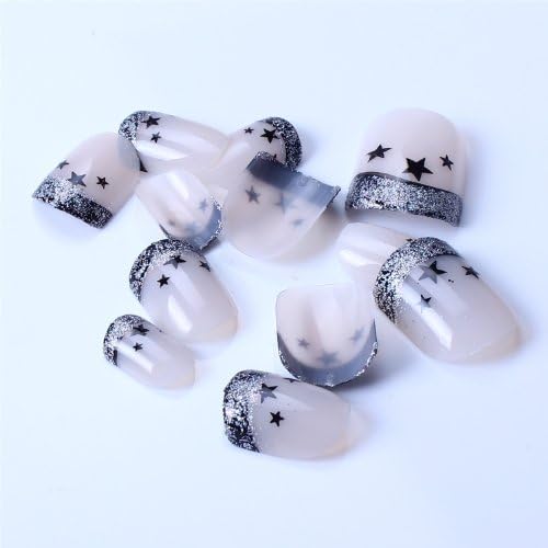 ECBASKET 24x False Nail Tips With Star Glitter Design Fake Nail Art