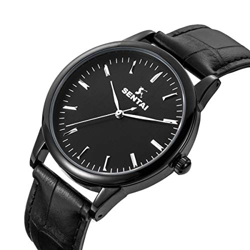 Unisex Leather Watch, Sentai Stainless Steel Quartz Black Leather Wrist Watch, Classic Business Casual Watch for Mens Womens 30M Waterproof