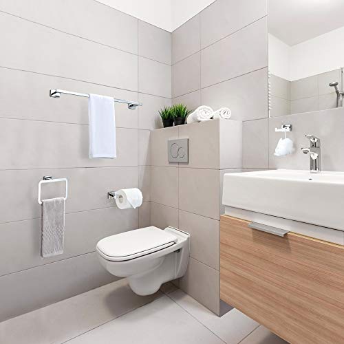 DUFU 4-Piece Silver Stainless Steel Towel Rail Set - Towel Rack, Towel Ring, Toilet Roll Holder and Hook | Multifunctional Wall Accessories | Modern Design