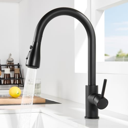 CECIPA Black Kitchen Tap with 2 Types of Modes, Black Kitchen Mixer with Pull-Out Shower 40 cm, Single Lever Mixer Tap in Stainless Steel