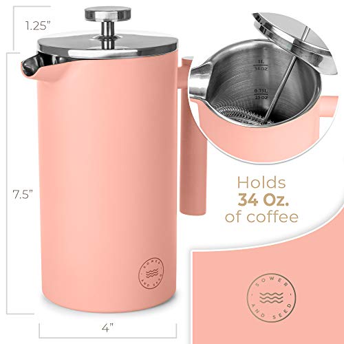 French Press Coffee Maker, Stainless Steel Vacuum Insulated Large, 34