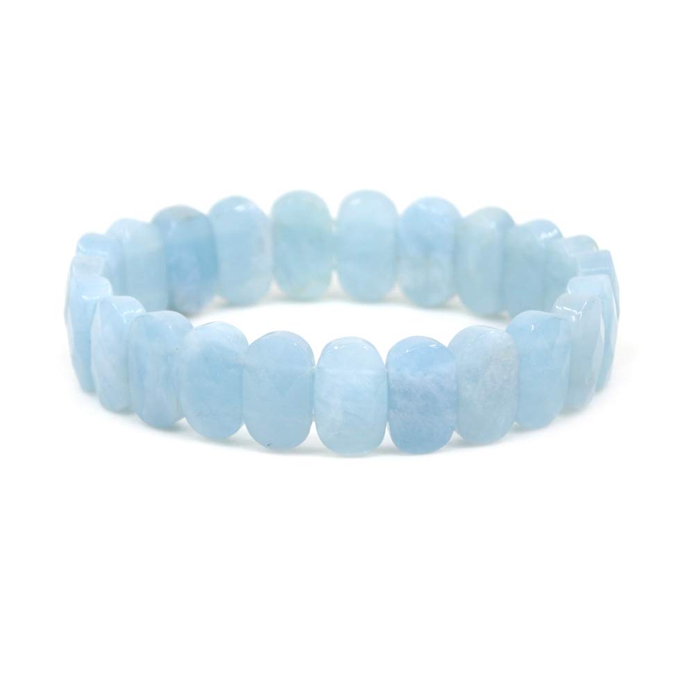 CHENYUE Natural Blue Aquamarine Gemstone 14mm Faceted Oval Beads Stretch Bracelet 7.5 Inch Unisex