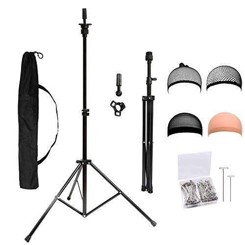 HYOUJIN Wig Stand Metal Adjustable Cosmetology Hairdressing Training Mannequin Head Tripod Stand for Hair Extensions Canvas Block Wig Head
