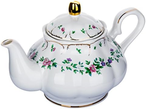HOMEKEROS Fine Bone China Porcelain Teapot Vintage Royal Style Peony Floral Trimmed In Gold - 39 Ounce for 5 cups