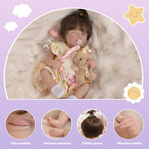 Bebê Reborn Boneca Realista Corpo de Silicone Menina Com Um Ursinho Fofo Cabelo Implantado Realista Original Pintada Corpo Pode dar Banho Dormindo de olhos fechados 48cm
