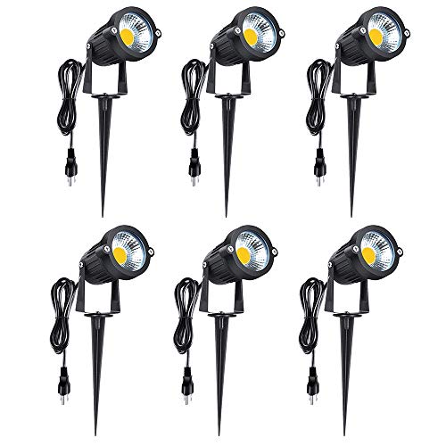Romwish LED Landscape Lights 5W, 120V Outdoor LED Spotlights with Metal Ground Stake, Plug and Play, 3000K Warm White for Garden, Yard, Lawn Decora, Flag Light- 6 Pack
