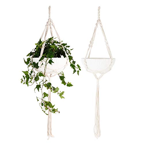 Greenaholics Hanging Plant Pots - 9.7 + 8.7 Inch Tribal Grain Ceramic Planters with Slings for Ivy Air Planting, White, Set of 2 - Thumbnail 5