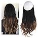 SARLA Black Ombre Invisible Wire Hair Extensions Black to Brown Wavy Curly Long Synthetic Hairpiece 18 Inch 4.2 Oz Adjustable Headband for Women Heat Friendly Fiber No Clip