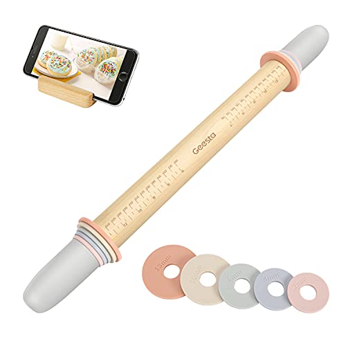Geesta Adjustable Wood Rolling Pin with 5 Thickness Rings, Precise