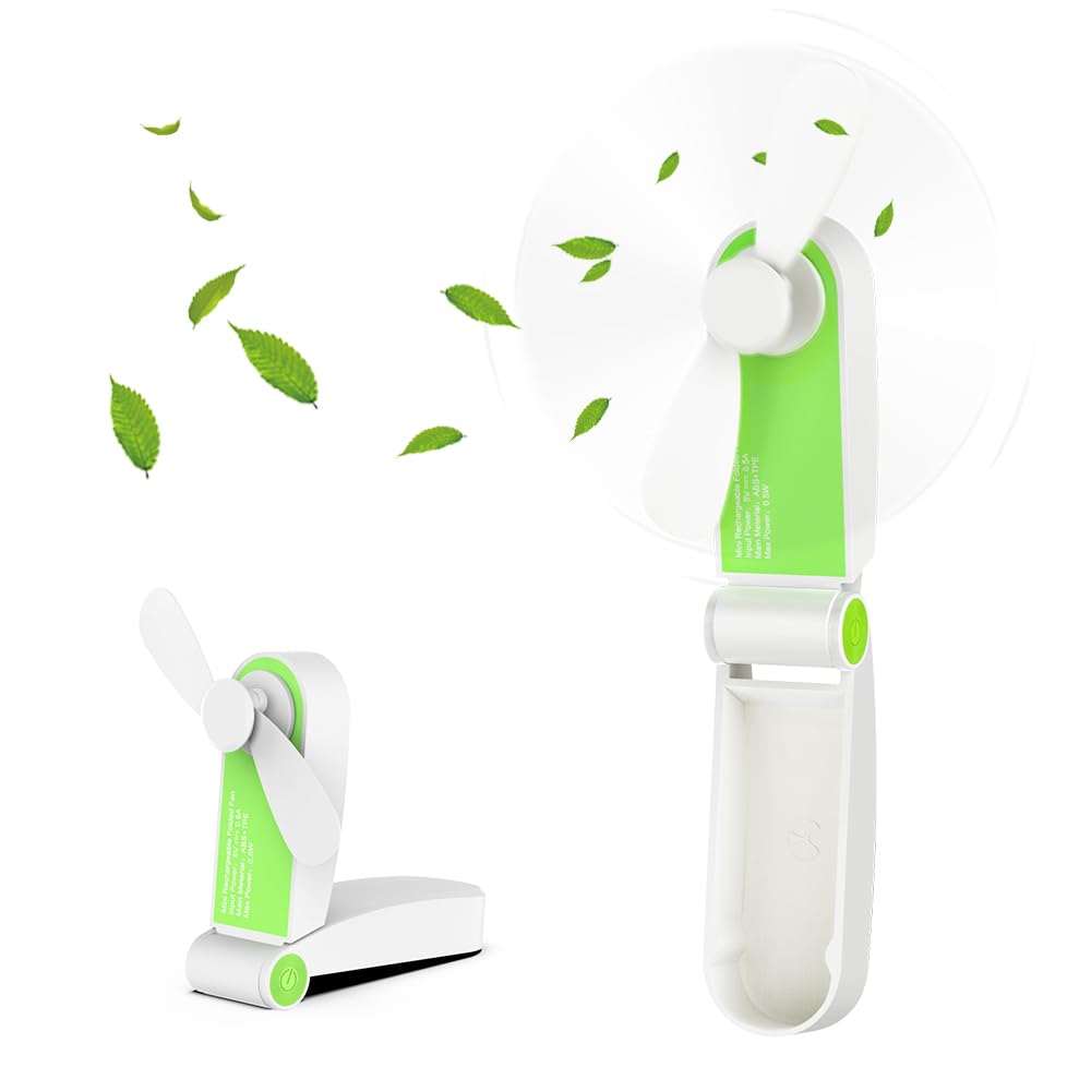 Hianjoo Mini Handheld Fan, Soft Blade Small Handy Fan for Kids Girls Boys Portable Rechargeable Folding Pocket Fan with Adjustable 2 Speeds USB Cable for Home Office Travel Outdoor - Green