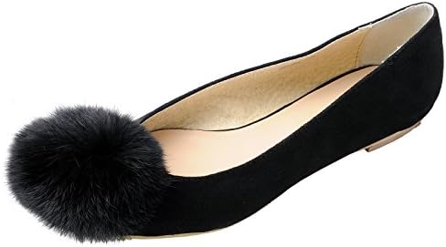 Womens Fluffy Fur Pom Pom Faux-Suede Ballet Flat Shoes,Black,US 6.5,B(M)