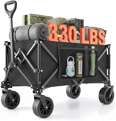Dobrável 220L / 150 kg, jantes todo-o-terreno para praia e relvado, pega ajustável, fácil de dobrar, cabe na bagageira, carrinho para campismo, compras e jardim, preto