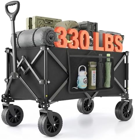 Plegable 220L / 150 kg, Ruedas Todoterreno para Playa y Césped, Asa Ajustable, Fácil de Plegar, Cabe en Maletero, Carro para Camping, Compras y Jardín, Negro