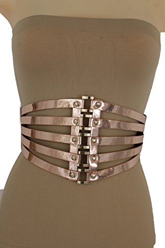 TFJ Women Fashion Wide Corset Belt High Waist Rose Gold Faux Leather Stretch Waistband S M