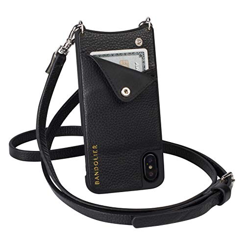 Bandolier Emma Crossbody Phone Case and Wallet - Black Leather with Silver Detail - Compatible with iPhone 8 Plus, 7 Plus, 6 Plus, 6s Plus Only