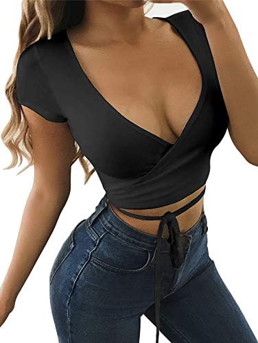 Women's Deep V Neck Long Sleeve Bandage Cross Wrap Tie up Crop Top