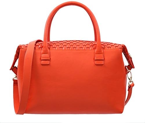 Neyuh Women's Italian Orange Natural Leather Intricate Handmade Top Handle Handbag w/ Woven Basket Design
