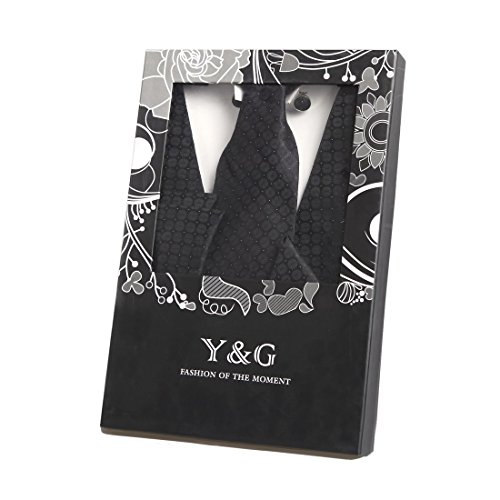 Mens Black Patterned Dress Vest Formal Vest for Wedding Gift Set Match Necktie for Men, Cufflinks, Handkerchief, Bow Tie for Tuxedo Y&G VS1028-M Medium Black