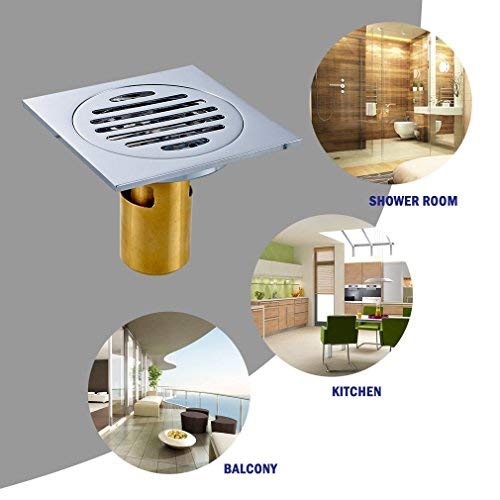 FChome 4 Inch Floor Drain, Brass Square Bathroom Tile Insert Floor Drainer with Removable Cover for Kitchen, Washroom, Garage and Basement,Polished Chrome
