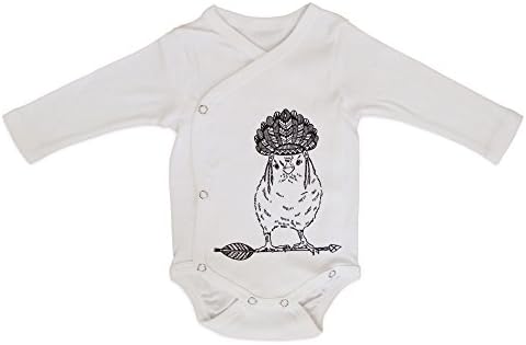 No Biggie Unisex-baby Organic Kimono Bodysuit in White with Tribal Chicken Black Print, 3-6M