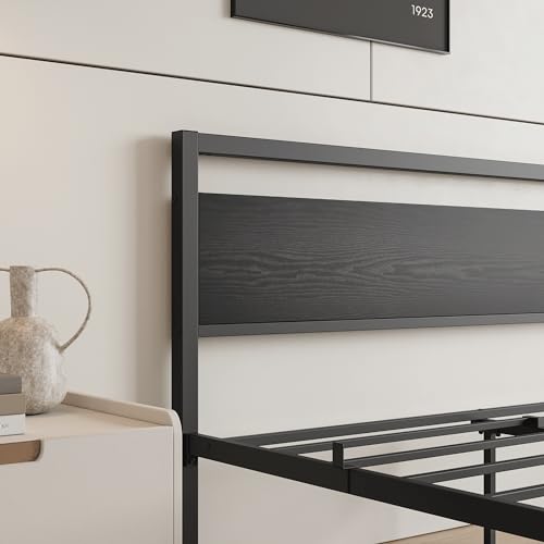 HOJINLINERO Queen Bed Frame with Wood Headboard,Metal Platform Bed Frame Queen Size with Storage No Box Spring Needed,Heavy Duty Queen Size Bed Frame Metal Slats Support Mattress Base No Noise,Black