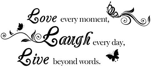 Love Every Moment Laugh Every Day Live Beyond Words- AUHOKY Wall Decal Sticker Quotes, Removable DIY Peel and Stick Saying Wallpaper Home Decor for Living Room Bedroom – Butterfly Mural Art Words (31×15inch, Black)