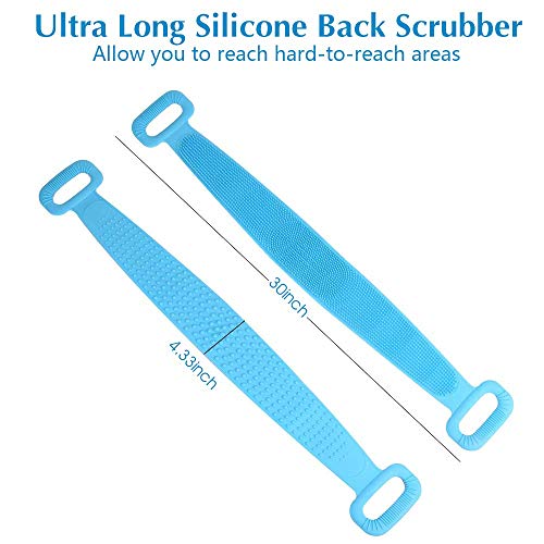Silicone Back Scrubber for Shower, Exfoliating Lengthen Silicone Bath Body Brush, Easy to Clean, Lathers Well, Eco Friendly, Long Lasting, Comfortable Massage for Shower(Blue)