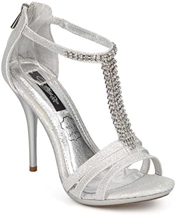 Cathy Din EC38 Women Glitter Open Toe Rhinestone T-Strap Formal Stiletto Sandal - Silver (Size: 8.0)