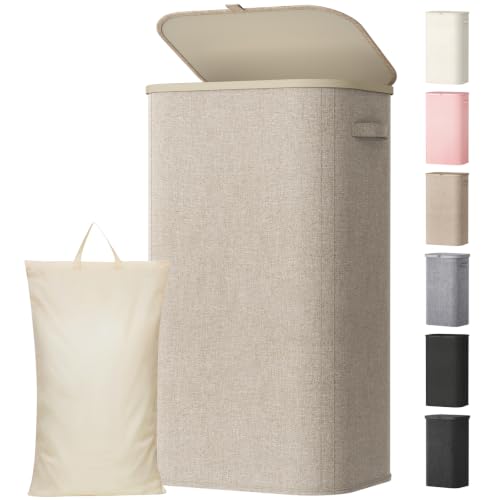105L Wäschekorb mit Deckel, hoher Wäschekorb mit Kunststoffrahmen, faltbarer großer Wäschekorbsammler, Wäschekörbe für Schlafzimmer, Bad, Beige