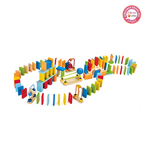 Hape Dynamo Wooden Domino Set Award Winning Domino Racing Building Block Set for Kids, 107 Solid Pieces of Fun Filled Racing, Building and Stacking
