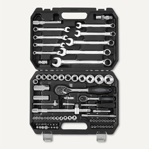 Steckschlüsselsatz mit Ratschen, Verlängerungen und Bits, CRV-Stahl, Ratschenschlüssel-Set für Heimwerker und Autoreparaturen, 82 Teile, Inklusive Aufbewahrungskoffer