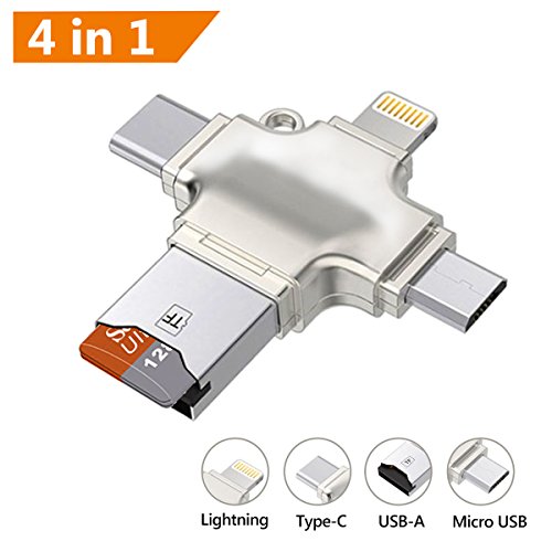 TedGem 4 in 1 Memory Card Reader, Micro SD/TF Card Reader with Lightning, USB C, USB & Micro USB Interfaces, USB/Lightning Card Reader for Android/PC/IOS (Andriod Needs OTG Function)