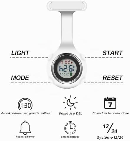 Montre Infirmière Broche Montre Infirmière en Silicone avec Clip Infirmières Poche FOB Montres Suspendue Poche Broche Fob Montres pour Infirmières Médecin Blanc