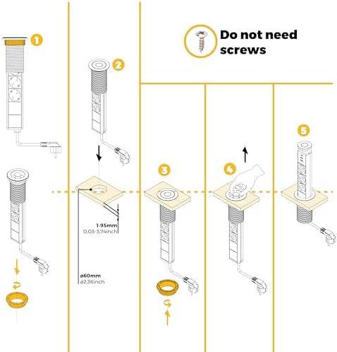 - Versenkbare Steckdosenleiste Schnellladung, 3 EU Schuckosteckdosen, 2 USB A + 1 USB C, versenkbare einbausteckdose, Metallic-grau, Kunststoff, Aluminium