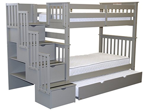 Bedz King Tall Stairway Bunk Beds Twin over Twin with 4 Drawers in the Steps and a Twin Trundle, Gray